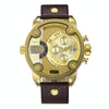 CAGARNY 6818 Fashionable DZ Style Large Dial Dual Clock Quartz Movement Sport Wrist Watch with Leather Band & Calendar Function for Men(Brown Band Gold Case)