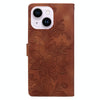 For iPhone 14 Plus / 15 Plus Lace Floral Embossed Magnetic Buckle Leather Phone Case(Brown)