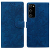 For Samsung Galaxy S20 FE Lace Floral Embossed Magnetic Buckle PU Phone Case With Wrist Strap(Blue)