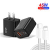 45PQ 45W PD25W + QC3.0 20W USB Super Fast Charger with Type-C to 8 Pin Cable, US Plug(Black)