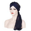 Ladies Forehead Cross Chiffon Long Tail Cap Turban Hat, Size:One Size(Navy)