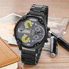 CAGARNY 6820 Fashionable Business Style Large Dial Dual Time Zone Quartz Movement Wrist Watch with Stainless Steel Band & Calendar Function for Men(Black Band Yellow Needle)