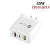 45W PD25W + 2 x QC3.0 USB Multi Port Charger with USB to 8 Pin Cable, US Plug(White)