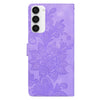 For Samsung Galaxy S23+ 5G Lace Floral Embossed Magnetic Buckle PU Phone Case With Wrist Strap(Purple)