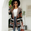 Geometric Jacquard Long Sweater Jacket Tassel Hooded Knit Cardigan, Size: L(Black)