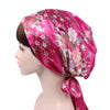 TJM-226 Ladies Satin Print Ribbon Bow Turban Hat Night Cap Silk Chemotherapy Hat Long Tail Braid Hat(Rose Red Flower)