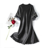 Scalloped Edge V-Neck Mid Sleeve Loose Women Nightdress, Size:XL(Black)
