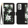 For Samsung Galaxy A73 5G Floral Pattern Leather Phone Case with Lanyard(Black)