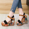 Summer Floral Fabric Slope Heel Women Sandals Comfortable Casual High Heels, Size: 36(Black)