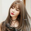 Wig Female Long Hair Highlighting Gradient Big Wave Hair Cover Comfortable Natural Full Shoulder Hair(Cold Brown Pick Haze Blue 53CM)