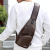 Waterproof Leisure PU Leather Single Shoulder Bag Men Chest Bag with USB Charging Port and Headphone Hole(Dark Brown)