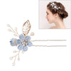 Fashion Flower Hair Combs Headdress Prom Bridal Wedding Hair Accessories Gold Leaves Hair Jewelry Hair Pins(Blue 2 flower)