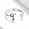 S925 Sterling Silver 26 English Letters Colorful Zircon Women Open Ring, Style:T