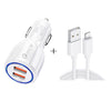 Qc3.0 Dual USB Car Charger + 8 Pin Fast Charging Line Car Charging Kit(White)