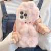 For iPhone 13 Hairpin Rabbit Plush Silicone Phone Case(Pink)