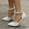 Women Shoes Lace Pearl Princess Pointed Shoes, Size:35(White 9.5 cm)