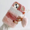 For iPhone 14 Gold Diamond Flower Decorated Plush Silicone Phone Case with Pendant(Pink White)