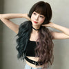 Wig Female Long Hair Full Headgear Big Wave Two-Color Full Bangs Headgear(Dradient Mint Cherry 76CM)