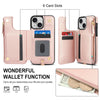 For iPhone 14 Plus Double Flap Zipper RFID Leather Phone Case with Short Lanyard(Rose Gold)