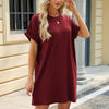 Women Spring Summer Round Neck Pocket Loose Short Sleeve Dress, Size: XXL(Wine Red)