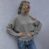 Ladies Loose Off Shoulder Ripped Long-Sleeved Turtleneck Autumn Knitted Sweater, Size:L(Dark Grey)