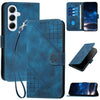 For Samsung Galaxy A26 5G Grid Butterfly Embossed Pattern Leather Phone Case with Lanyard(Dark Blue)