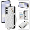 For Samsung Galaxy S23+ 5G Rhombic Dual Buckle Card Slots Phone Case with Lanyard(White)