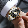 BINBOND B1117 30M Waterproof Earth Dial Butterfly Buckle Luminous Quartz Watch(Inter-gold-Blue)