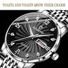 BINBOND B3034 Diamond 30m Waterproof Business Watch Men's Butterfly Buckle Luminous Quartz Watch(White Steel-Black)