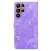 For Samsung Galaxy S22 Ultra 5G Lace Floral Embossed Magnetic Buckle PU Phone Case With Wrist Strap(Purple)