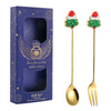 2pcs /Pack Christmas Gift Spoon Cartoon Fruit Fork Dessert Coffee Scoop, Style: Tree (Blue Box)