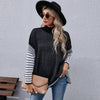Women Long Sleeve Mock Neck Striped Knit Sweater Casual Tops, Size:M(Black)