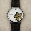 YAZOLE Ladies OL Style Four-leaf Clover Pattern Quartz Watch(338 white plate gold flower black belt)