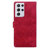 For Samsung Galaxy S21 Ultra 5G Lace Floral Embossed Magnetic Buckle PU Phone Case With Wrist Strap(Red)