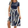 Women Spring Summer Round Neck Splicing Printed Short Sleeve Big Hem Dress, Size: L(Navy)