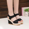 Summer Women Sandals Slope Heel Lace Open Toe Adhesive One Word Buckle Strap Muffin Thick Bottom Shoes, Size: 41(Black)