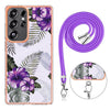 For Samsung Galaxy S25 Ultra 5G Electroplating Pattern IMD TPU Shockproof Case with Neck Lanyard(Purple Flower)