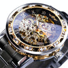 Winner Leisure Skeleton Diamond Luminous Pointer Watch Men Manual Mechanical Watch(Black Belt Gold Shell Black Face)