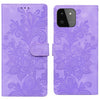For Samsung Galaxy A22 5G Lace Floral Embossed Magnetic Buckle PU Phone Case With Wrist Strap(Purple)