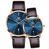 OLEVS 5869 1 Pair Couple Waterproof Genuine Leather Strap Quartz Watch(Blue + Rose Gold)
