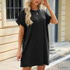 Women Spring Summer Round Neck Pocket Loose Short Sleeve Dress, Size: M(Black)