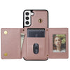 For Samsung Galaxy S21 FE 5G Three Fold Card Bag Phone Case with Long Lanyard(Rose Gold)