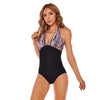 DS40 Ladies Slim and Conservative Halter Neck Swimsuit, Size: XL(Red Yellow Strip Leopard Print)