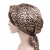 TJM-226 Ladies Satin Print Ribbon Bow Turban Hat Night Cap Silk Chemotherapy Hat Long Tail Braid Hat(Leopard)