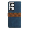 For Samsung Galaxy S21 Ultra 5G Grid Stitching Leather Phone Case with Lanyard(Blue)