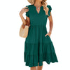 Butterfly Sleeve Layered Hem Dress V-Neck Loose Waist-Cinching Patchwork Dress, Size: L(Dark Green)