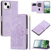 For iPhone 13 mini Tulips Embossed Leather Phone Case with Lanyard(Purple)