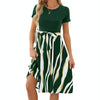 Women Spring Summer Round Neck Splicing Printed Short Sleeve Big Hem Dress, Size: S(Dark Green)