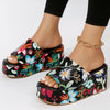 Women Summer Slope Heel Embroidery Slippers Flat Height Increasing Sandals, Size: 37(Black Flower)