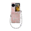 For OPPO Find N3 Flip Three Parts Pearlescent Shell Texture Phone Case with Bracelet(Pink Green)